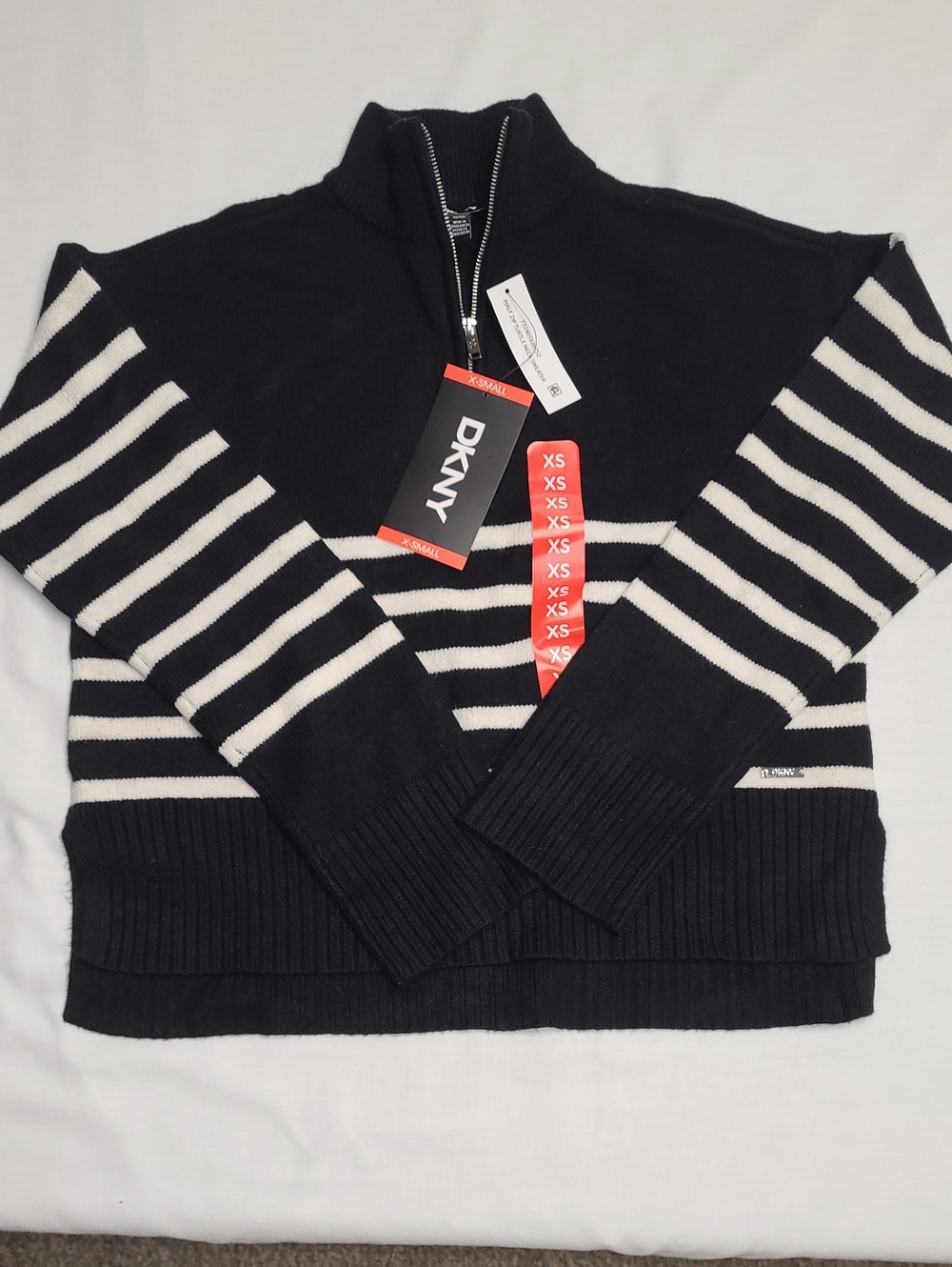 NWT DKNY Preppy Cozy Black and White Striped Turtleneck  Quarter-Zip Sweater XS